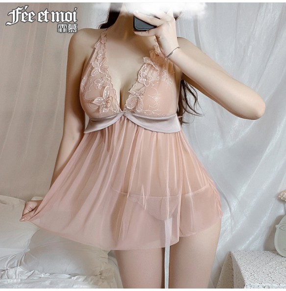 FEE ET MOI Sexy Lace See Through Deep V Neck Sleepwear Dress (Pink)